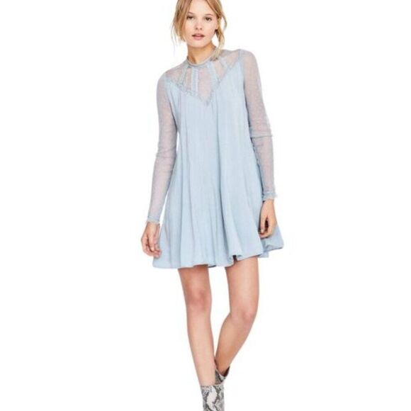 UO Kimchi Blue Constance Embroidered Blue Mesh Mock Neck Frock Dress Medium - Picture 1 of 13